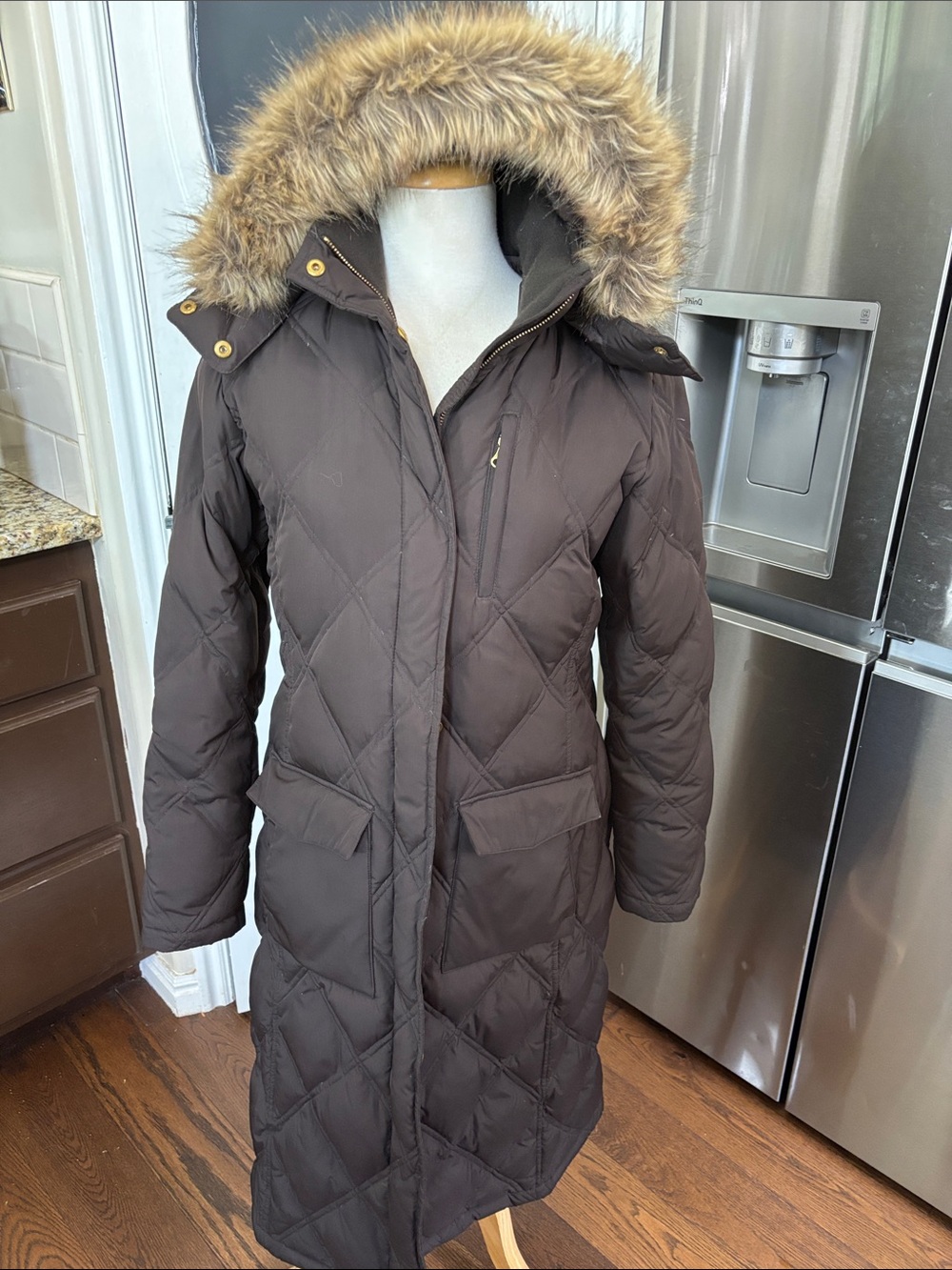 Lands' End Long Quilted Puffer Coat with Faux-Fur Hood in Dark Brown
